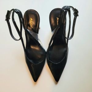 Black Aldo Satin, Pointed Toe Heels. Size 8.5 with 5 inch Heel.